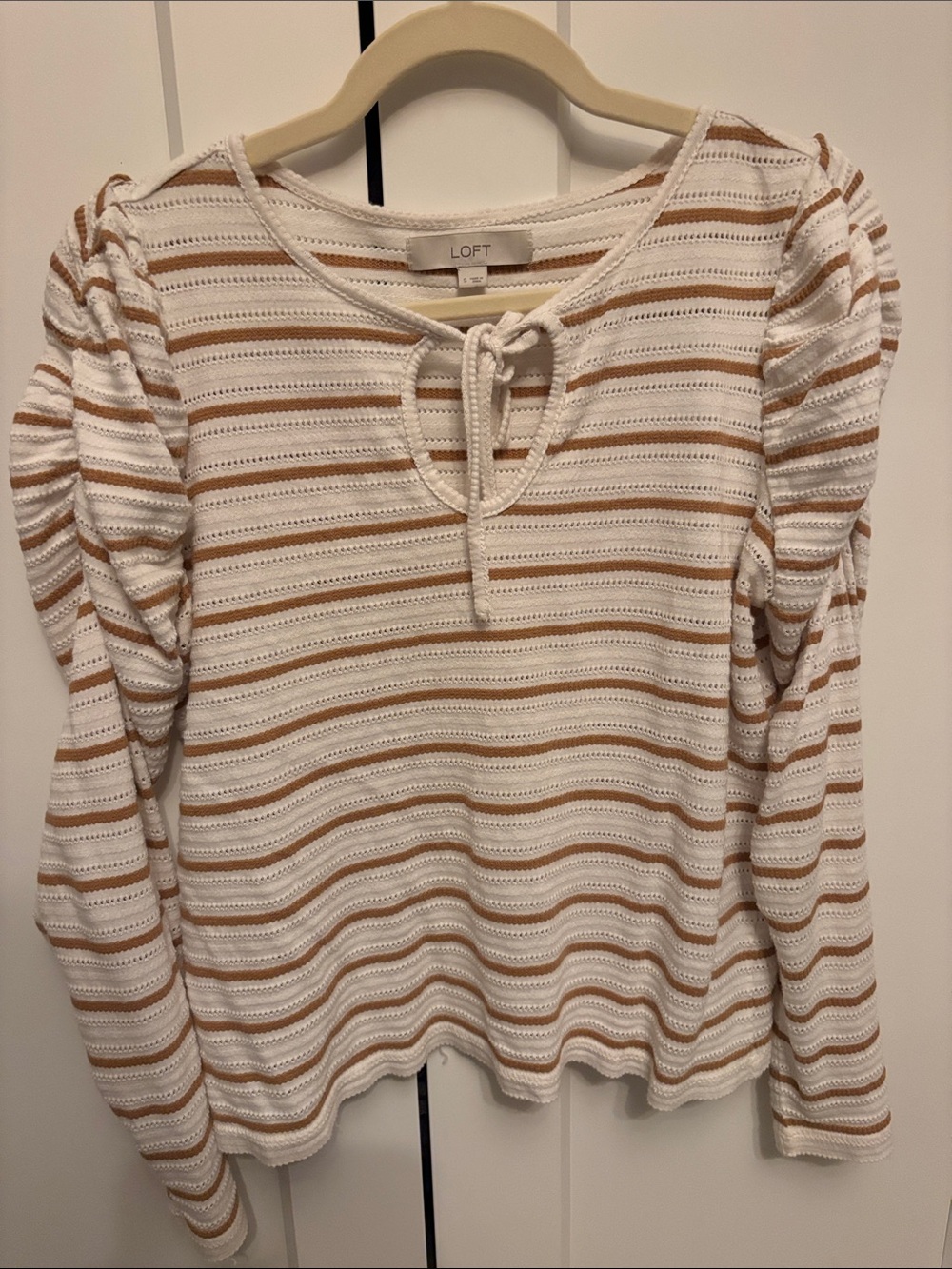 LOFT White & Tan Striped Tie-Front Long Sleeve Top
